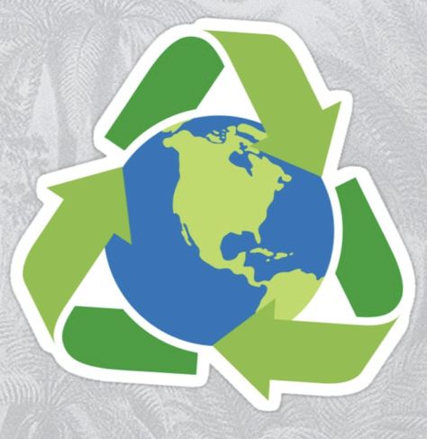 Sticker featuring a green recycling symbol surrounding planet earth. Climate change Recycle Logo Design Ideas, Recycled Logo Design, Recycling Aesthetic, Recycle Logo Design, Recycle Sticker, Welcome Home Cards, Earth Recycle, Solar Logo, Green Recycling