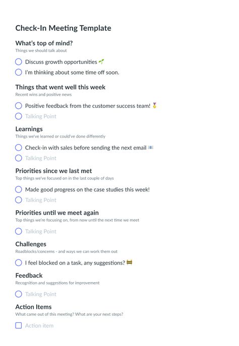 Call Center Manager Ideas, One On One Meeting Template, Meeting Template Layout, 1:1 Meeting Template Employee, Work Meeting Theme Ideas, One On One Meeting Employee Template, Employee Check In Questions, Staff Meeting Ideas, Staff Motivation Ideas