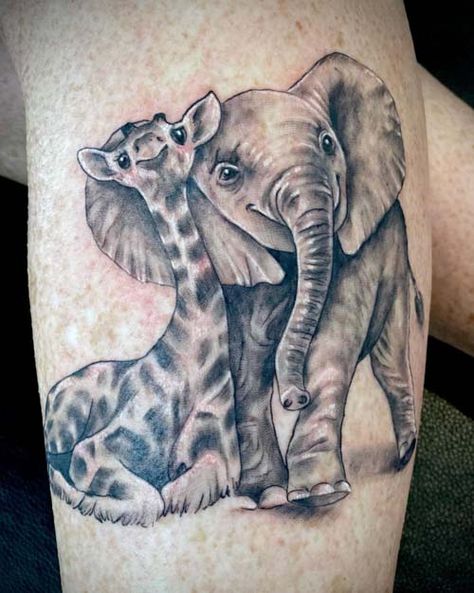 Safari Animals Tattoo, Elephant And Giraffe Tattoo, Elephant Giraffe Tattoo, Baby Giraffe Tattoo, Elephant Tattoo On Hand, Giraffe Tattoo, Realistic Elephant Tattoo, Simple Elephant Tattoo, Elephant Family Tattoo