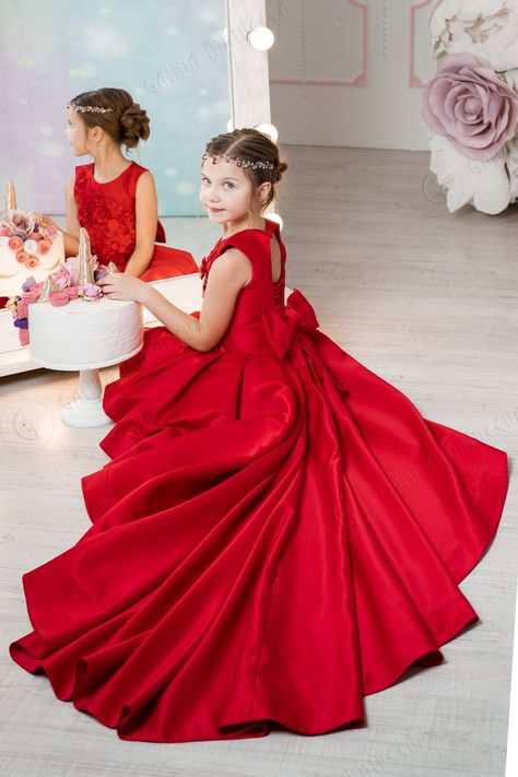 Red Christmas Pageant Dress, Red Wedding Dress For Kids, Flowergirls Dress Red, Pageant Dresses For Kids Red, Christmas Dress For Girls 10-12, Pageant Interview Outfit, Satin Ruffle Dress, Red Flower Girl, Red Flower Girl Dresses