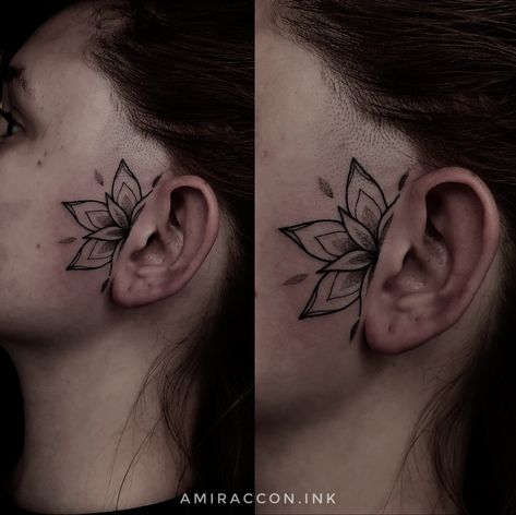 Lotus Flower Face Tattoo, Mandela Face Tattoo, In Front Of Ear Tattoos For Women, Front Ear Tattoo Women, Side Burn Tattoos For Women Face, Front Ear Tattoo, Simple Face Tattoo, Mandala Ear Tattoo, Mandala Face Tattoo