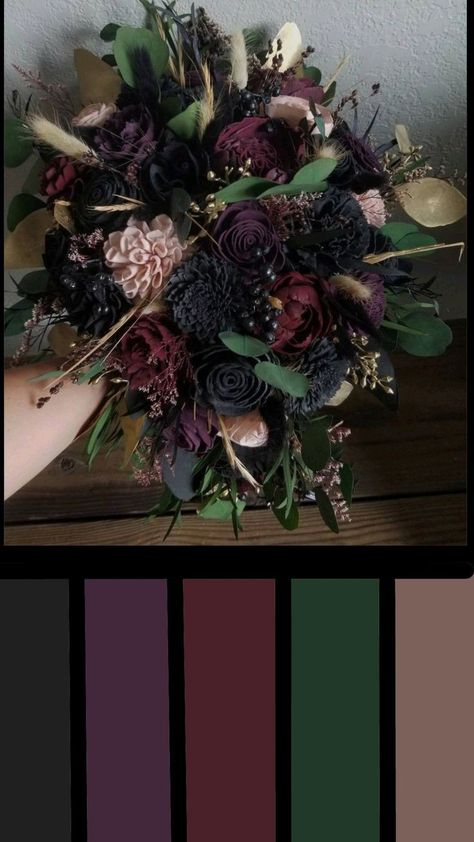 Gothic Aesthetic Color Palette, Dark Wedding Colour Palettes, Wedding Dark Purple Color Schemes, Plum And Hunter Green Wedding, Dark And Moody Color Scheme, Moody Purple Fall Wedding, Fall Wedding Color Schemes With Black, Navy Blue And Plum Wedding Color Schemes, Eggplant Complimentary Colors