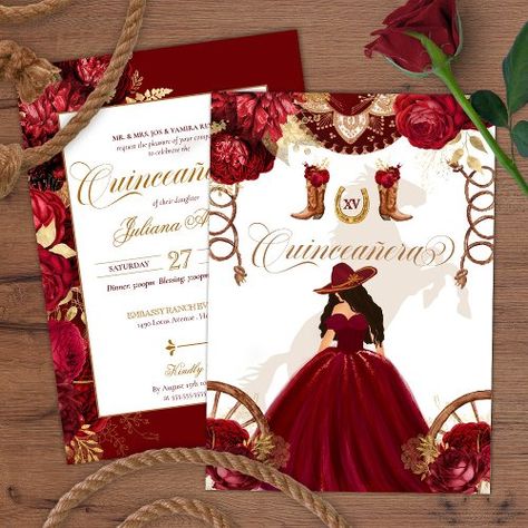 $2.95 | Burgundy Gold Western Charro 2-Sided Quinceanera - western, charro, rodeo, charra cowgirl cowboy, red floral, burgundy gold, red roses, elegant, mariachi, sombrero Red And Gold Quinceanera Decorations, Charro Quinceanera Theme, Charro Theme, Red Quinceanera Ideas, Quince Invitations, Quince Decorations, Quinceanera Invitation, Quinceanera Decorations, Quinceanera Themes