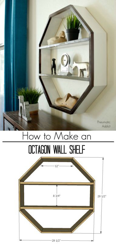 How to build an octagon shaped wall shelf with this simple tutorial and building plans. Wood Octagon Shelves, Octagon Shelf Decor Ideas, Octagon Shelves Decor, Shelf Diy Easy, Diy Wood Wall Shelf, Octagon Shelf, Shelf Plans Diy, Octagon Shelves, Shelving Ideas For Living Room