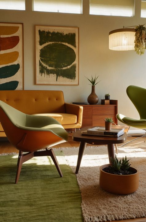 Eames Color Palette, 1960s Apartment Decor, Mid Century Modern Wall Colors Living Rooms, Mid Century Earthy Living Room, Mid Century Modern Living Room Tv, 70s Style Office, Midcentury Small Apartment, Minimalist Retro Living Room, 60s Design Interior