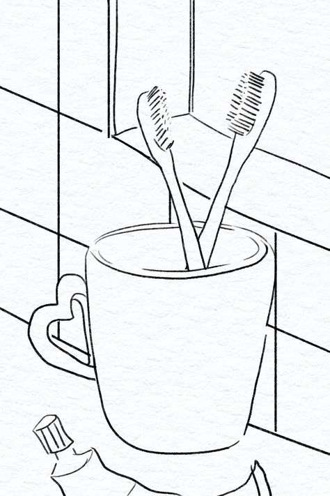 Couple’s toothbrushes romantic vector Valentine�’s day black and white sketch | premium image by rawpixel.com / Adj Toothbrush Sketch, Art Aesthetic Drawing, Drawing Romantic, Farm Coloring Pages, Black And White Sketches, Minimal Prints, Love Wall Art, Art Bathroom, Love Wall