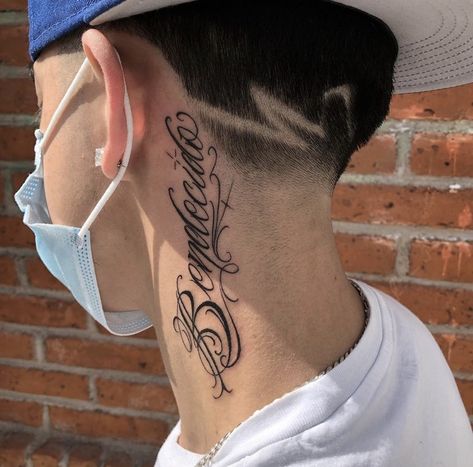 Name Tattoos Behind Ear Men, Side Hand Tattoo Cover Up Ideas, Old English Neck Tattoo, Top Of Wrist Tattoos Men, Nick Tattoos Men, 299 Km/h Tattoo, 901 Tattoo, Munoz Tattoo, Forearm Tattoo Lettering