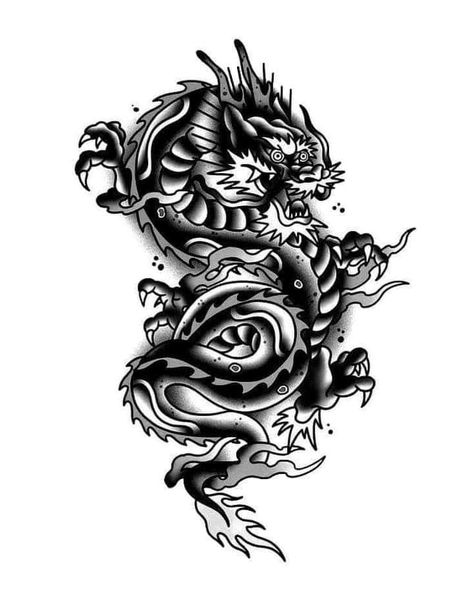 American Traditional Punk Tattoo, Old School Tattoo Men Ideas, Trad Dragon Tattoo, Old School Dragon Tattoo, Old School Tattoo Men, Dragon Tattoo Traditional, American Traditional Tattoos Black And White, Tattoo Old School Black, Tattoo Men Ideas