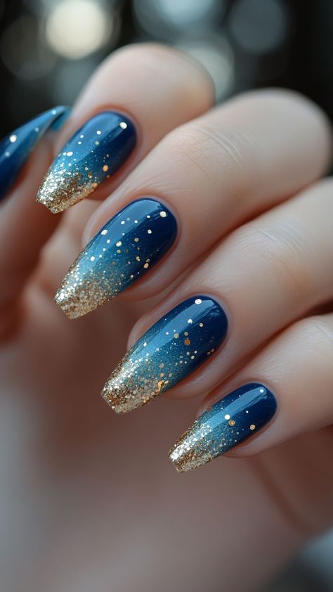 Navy Blue And Copper Nails, Blue Detail Nails, Blue And Copper Nails, Royal Blue Sparkle Nails, Blue Autumn Nails, Navy And Gold Nails, Ombre Nails Ideas, Blue And Gold Nails, Christmas Nail Trends