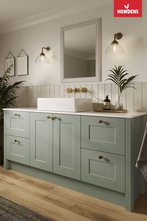 Bathroom Ideas Green Cabinets, Howdens Bathroom Cabinets, Gray White Sage Green Bathroom, Green Brown White Bathroom, Pale Green Bathroom Vanity, Light Sage Green Bathroom Vanity, Safe Green Bathroom Vanity, Sage Green Bathroom Cabinets Master Bath, Light Oak Bathroom Floor