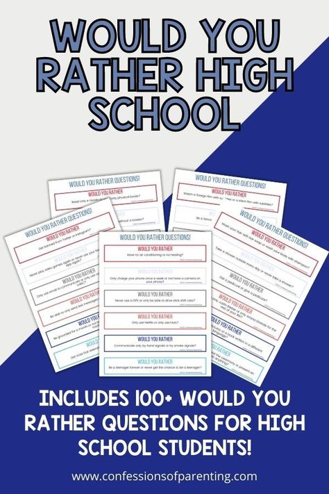 Elevate your high school experience with these thought-provoking and entertaining 'Would You Rather' questions for high school students! Engage in lively debates, unleash your imagination, and make tough choices as you navigate through a series of captivating scenarios. From academic dilemmas to social situations, these thought-provoking prompts will spark conversations, inspire critical thinking, and bring endless fun to your high school days. Would You Rather For High School Students, Sel Questions For High School, High School Orientation Ideas, Question Of The Day High School, Questions For High School Students, Activities For High School Students, Advisory Activities, Activities For High School, Ielts Essay