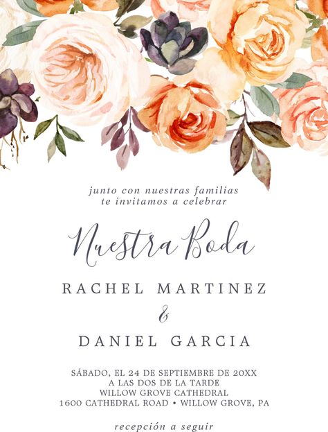 boho wedding invitations rustic earth florals spanish nuestra boda invitation rustic nuestra boda modern espanol floral spanish language wedding elegant spanish wedding botanical boda peach nuesta boda vintage boho peony wedding autumn terracotta copper burnt orange unique contemporary bohemian fall k099 white flowers neutral earth tone #wedding #weddinginvitations #zazzle #zazzleinvitations #businescards #weddingcards Elegant Spanish Wedding, Earth Tone Design, Spanish Wedding Invitations, Formal Wedding Invitation, Earth Tone Wedding, Wedding Announcement Cards, Spanish Wedding, Formal Wedding Invitations, Peony Wedding