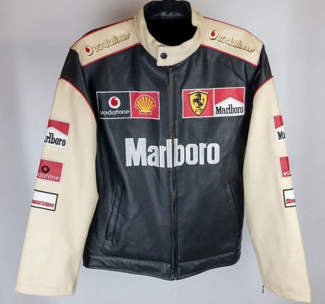 Black Ferrari Marlboro Motorcycle Racing Leather Jacket “Black Ferrari Marlboro Motorcycle Racing Leather Jacket” For Biker is specially designed and Racing Top Outfit, Race Leather Jacket, Ferrari Leather Jacket, Drawing Leather Jacket, Jackets Drawing, Ferrari Outfit, Racer Outfit, Racing Jacket Outfit, Colored Leather Jacket