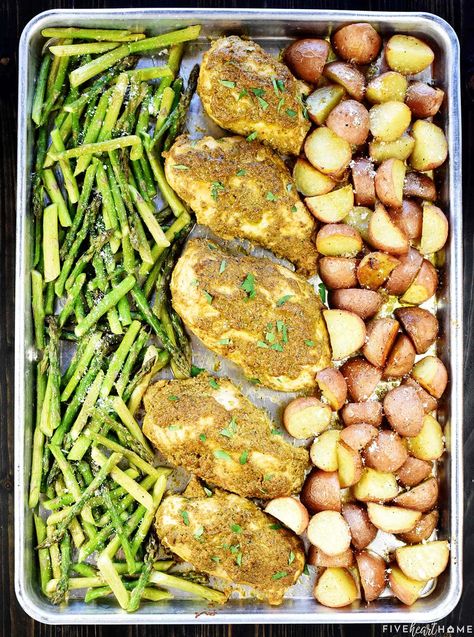 Sheet Pan Chicken and Veggies ~ a flavorful, quick and easy, complete dinner recipe that bakes up on just one pan, featuring pesto-coated chicken breasts and roasted potatoes and asparagus! | FiveHeartHome.com Roasted Potatoes And Asparagus, Sheet Pan Chicken And Veggies, Pan Chicken And Veggies, Pan Asparagus, Pan Dinner Recipes, Potatoes And Asparagus, Baked Greek Chicken, Honey Bbq Chicken, Chicken And Veggies