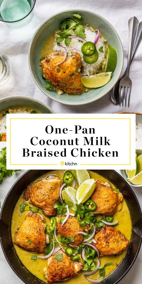 Braises are the ultimate cold weather comfort food. This delicious one-pan recipe slowly cooks chicken thighs in creamy coconut milk until they’re tender and falling off the bone. It's subtly sweet, rich, and has an intense pop of flavor and subtle heat. Here's how to make it. Milk Braised Chicken, Week Meals, Coconut Milk Chicken, Braised Chicken Thighs, Coconut Milk Recipes, Coconut Chicken, Braised Chicken, One Pan, Milk Recipes