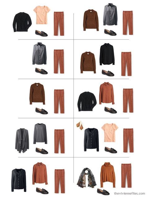 11. 10 ways to wear rust pants from a travel capsule wardrobe Cooper Pants Outfit, Rust Brown Outfit Color Combos, Taupe Pants Outfit Color Combos, What To Wear With Rust Colored Pants, Rust Brown Pants Outfit, Cognac Pants Outfit, Copper Pants Outfit, Camel Colored Pants Outfit, Rust Pants Outfit Work