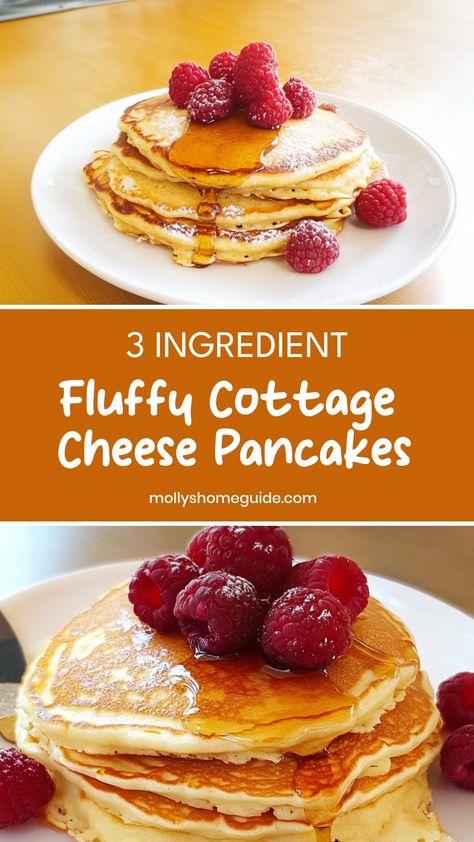 Looking for a simple breakfast idea? Try these fluffy cottage cheese pancakes made with just 3 ingredients! This easy recipe is perfect for a delicious morning meal that will keep you satisfied. Whether you enjoy them plain or add your favorite toppings, these pancakes are a must-try. Whip up a batch today and start your day off right with this tasty treat. Perfect for busy mornings when you need something quick and tasty, these cottage cheese pancakes are sure to become a new favorite in your b Fluffy Banana Cottage Cheese Pancakes, Quick Easy Pancakes 3 Ingredients, 3 Ingredient Cottage Cheese Pancakes, Cottage Cheese Oat Pancakes, Cottage Cheese Pancakes 3 Ingredient, Cottage Cheese Ideas, Cottage Cheese Protein Pancakes, Cottage Cheese Pancakes Recipe, Low Calorie Pancakes