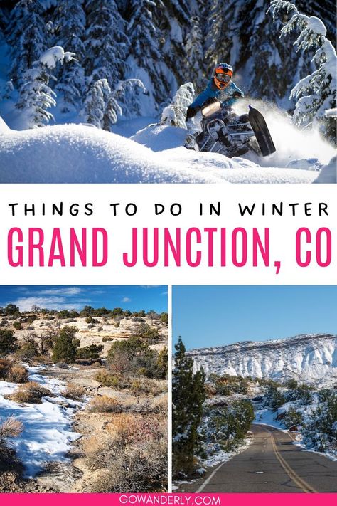 An informative guide highlighting 9 must-try winter activities in Grand Junction, Colorado, suitable for all types of travelers looking to enjoy the Western Slope's cold-weather offerings. Things To Do In Winter, Things To Do In Colorado, Glenwood Springs Colorado, Trip To Colorado, Colorado Travel Guide, Grand Junction Colorado, Road Trip To Colorado, Winter Travel Destinations, Explore Colorado