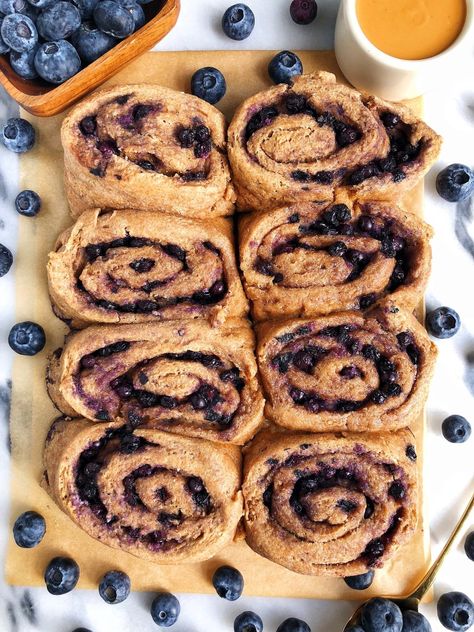 Blueberry Cinnamon Rolls (gluten-free) - rachLmansfield Rachel Mansfield, Blueberry Cinnamon Rolls, Nut Free Desserts, Oat Flour Recipes, Organic Blueberries, Blueberry Recipes, Grass Fed Butter, Cinnamon Rolls Recipe, Flour Recipes