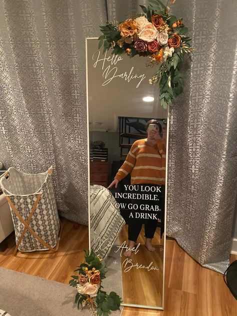 Wedding Mirror Selfie, Wedding Entrance Decoration, Entrance Decoration Ideas, Mirror Wedding Signs, A Person Standing, Mirror With Flowers, Entrance Decoration, Cricut Access, Wedding Mirror