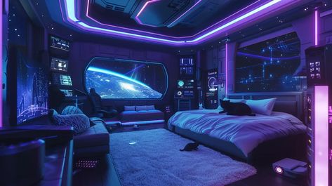 The image shows a futuristic bedroom with a large window looking out into space. The room is decorated in shades of purple and blue, there is a bed, a sofa, and a few chairs ->> more details in ai-img-gen.com Space Bedroom Concept Art, Scifi Bedroom, Spaceship Interior Bedrooms, Starfield Aesthetic, Sci Fi Bedroom, Futuristic Rooms, Aesthetic Settings, Futuristic Room, Galaxy Bedroom