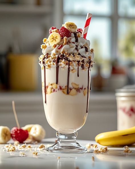 🍌 Banana Split Milkshake 🍒 "Deliciously creamy, perfect for sharing with family or enjoying after a long day. A treat that brings joy to every sip!" 🍫 Ingredients 🍓 - 2 large bananas, sliced - 2 scoops vanilla ice cream - 2 scoops chocolate ice cream - 2 scoops strawberry ice cream - 1 cup milk (dairy or non-dairy) - 1/4 cup chocolate syrup - 1/4 cup strawberry syrup - 1/4 cup caramel syrup - Whipped cream for topping - Fresh raspberries for garnish - Fresh banana slices for gar... Tasty Ice Cream, Gourmet Ice Cream, Best Milkshakes, Milk Dairy, Banana Slices, Protein Shake Smoothie, Tastemade Recipes, Strawberry Syrup, Caramel Syrup