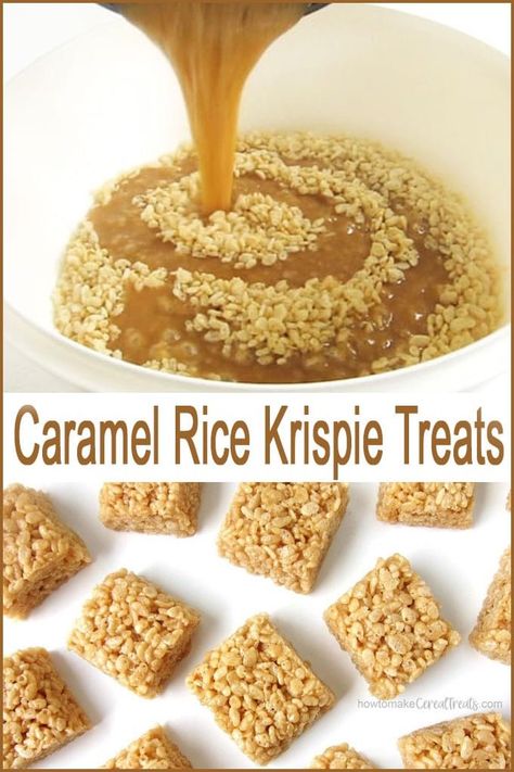 Caramel Krispie Treats, Rice Krispie Treats With Caramel, Rice Krispie Treats Caramel, Rice Krispie Recipes Easy, Caramel Snacks, Caramel Rice Krispie Treats, Rice Krispie Treats Recipe, Rice Krispie Squares, Chewy Caramel