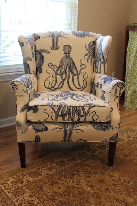 Wingback Chair covered in Duralee's Aquadisiac. AKA Octopus Chairs. Octopus Chair, Wingback Chair Covers, Octopus Decor, Beachy Decor, Coastal Living Rooms, Chair Cover, Wingback Chair, Nautical Decor, Coastal Living