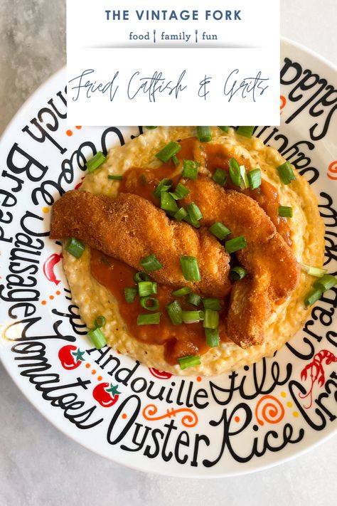 Catfish And Grits, Southern Brunch, Southern Fried Catfish, Cheesy Grits, Cajun Dishes, Vintage Forks, Fried Catfish, Brunch Recipe, Andouille