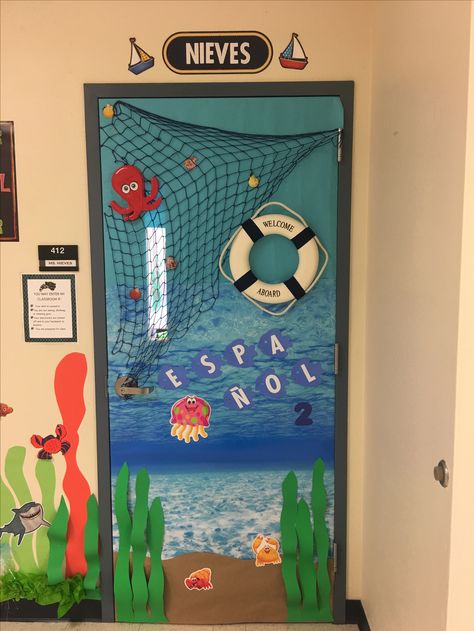 Fishing Classroom Door, Classroom Door Beach Theme, Under The Sea Theme Preschool Decoration Classroom Door, Sea Animals Decorations Classroom, Under Sea Classroom Theme, Sea Door Decorations Classroom, Under Water Classroom Theme, Ocean Door Decorations Classroom, Ocean Classroom Door Ideas