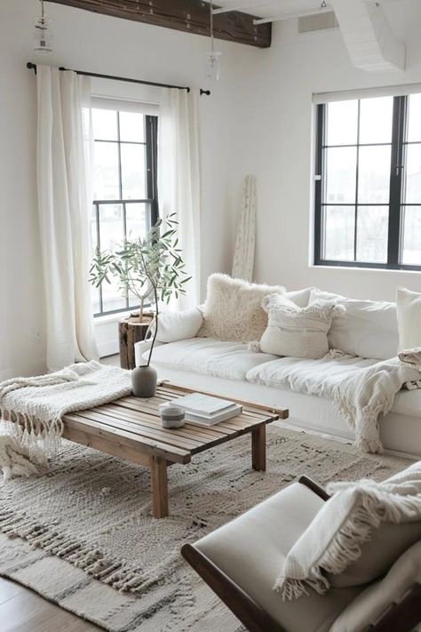 Minimalist Design: Key Furniture Pieces Modern Boho Farmhouse Living Room, Neutral Boho Living Room, Coastal Modern Living Room, Boho Farmhouse Living Room, Boho Living Room Inspiration, White Interiors, Neutral Boho, Boho Living, Boho Living Room