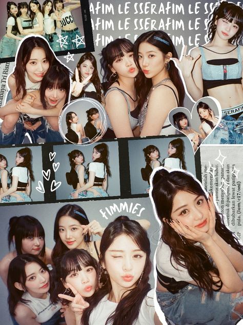 Lesserafim Scrapbook, Le Sserafim Scrapbook, Kpop Scrapbook Wallpaper, K Pop Scrapbook Ideas, Y2k Scrapbook Ideas, Kpop Photo Collage, Kpop Scrapbook Edit, Kpop Edits Photo, Lesserafim Collage