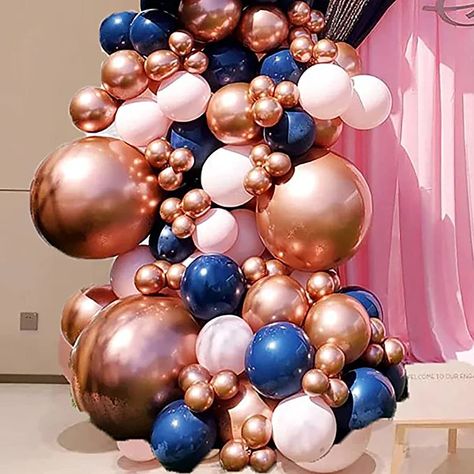 Navy Blue Balloon Garland, Pastel Pink Balloons, Gold Chrome Balloons, Navy Blue Balloons, Party Balloon Garland, Blue Balloon Garland, Pink Graduation Party, Blue Graduation Party, Chrome Balloons