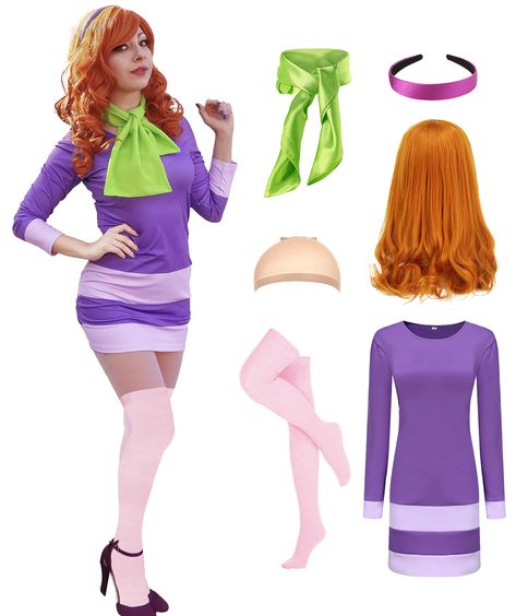 PRICES MAY VARY. Authentic Daphne Costume: This Daphne costume for women includes a stunning purple dress, long purple socks, a purple headband, a green scarf, and a wig, allowing you to embody the iconic character effortlessly. High-Quality Materials: Crafted from premium fabrics, this women daphne costume ensures both comfort and durability, making it suitable for extended wear during Halloween parties, cosplay events, or costume contests. Versatile Sizing Options: Available in various sizes, Easy At Home Costumes, Hot Velma And Daphne Halloween Costume, Female Fred Scooby Doo Costume, Scooby Doo Daphne Cosplay, Purple Wig Halloween Costumes, Daphne Cosplay, Daphne Halloween Costume, Purple Dress Long, Scooby Doo Halloween Costumes