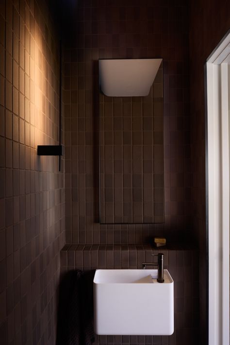 Lindfield Spanish Mission by Studio-T - Project Feature - The Local Project - The Local Project Dark Brown Bathroom, Growing Instagram, Spanish Mission, Ceramic Tile Bathrooms, Bronze Bathroom, Bathroom Mirror Lights, Brown Bathroom, Bathroom Design Inspiration, The Local Project