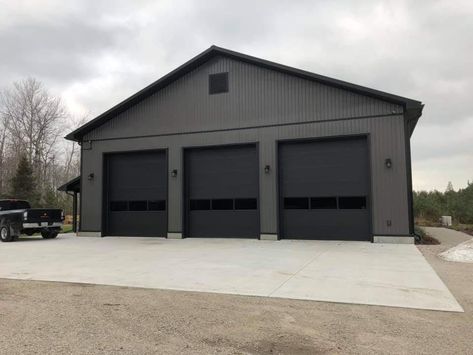 Black Out Buildings, 3 Garage Door Shop, Grey And Black Metal Building, Black Metal Garage Buildings, Pole Shed Ideas, 60x80 Shop, Burnished Slate Metal Building, Metal Shop Building 40x60, Black Metal Barn