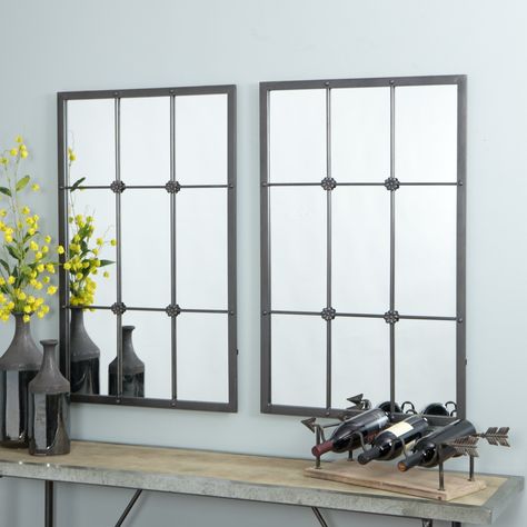 Kinslee Window Pane Wall Mirror - Brown Panel Mirror, Farmhouse Wall Mirrors, Architecture Antique, Mirror Metal, Wood Wall Mirror, Accent Mirror, Room Storage, Window Pane, Rectangular Mirror