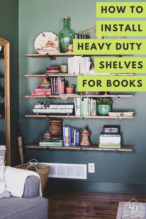 Creative Bookshelves Diy, Wall Bookshelves Bedroom, Wall Shelves For Books, Diy Bookshelf Wall, Large Wall Shelves, Shelves For Books, Heavy Duty Floating Shelves, Eclectic Bedroom Design, Shelves For Kitchen