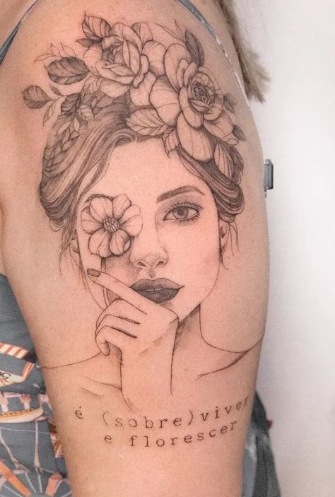 Womens Face With Flowers Tattoo, Lady Face With Flowers Tattoo, Flower Goddess Tattoo, Half Face Half Flower Tattoo, Woman Head Tattoo, Face With Flowers Tattoo, Female Portrait Tattoo, Lady Face Tattoo, Girl Flower Tattoos