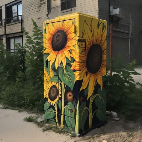 Shed Mural Ideas, Sunflower Mural, Outdoor Murals, Garden Totem, Art Sunflower, Garden Mural, School Murals, Street Wall Art, Fence Art