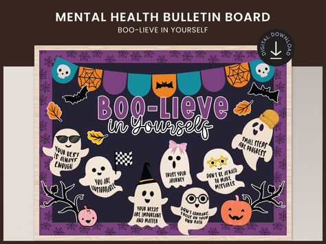 Introducing the "Boo-lieve in Yourself" bulletin board kit, the perfect addition to any classroom or workspace! This adorable ghost-themed kit comes with everything you need to create a fun and inspiring display that will encourage positivity and self-confidence. Display mocked up for 48"x36" bulletin board. ➡️𝐏𝐑𝐎𝐃𝐔𝐂𝐓 𝐃𝐄𝐓𝐀𝐈𝐋𝐒 1x PDF 1x PowerPoint ➡️𝐈𝐍𝐒𝐓𝐀𝐍𝐓 𝐀𝐂𝐂𝐄𝐒𝐒 Upon finalizing your order, the files will be available for download right away. If you're a guest, a downl School Office Halloween Decorations, Classroom Door For Halloween, School Hallway Decorations Halloween, Halloween School Decor, Halloween Door Decor Classroom, Classroom Halloween Themes, Boo Bulletin Board, Nursing Bulletin Boards, Halloween Math Bulletin Boards