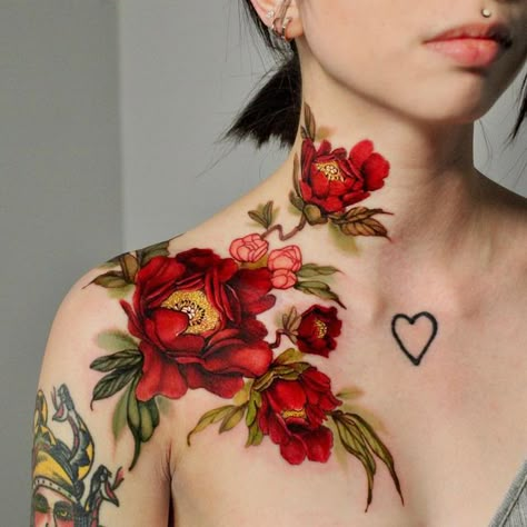 Botanical Reference, Flower Reference, Tattoo Floral, Floral Tattoo Sleeve, Red Ink Tattoos, Red Tattoos, Shoulder Tattoos For Women, Botanical Tattoo, Tattoo Feminina