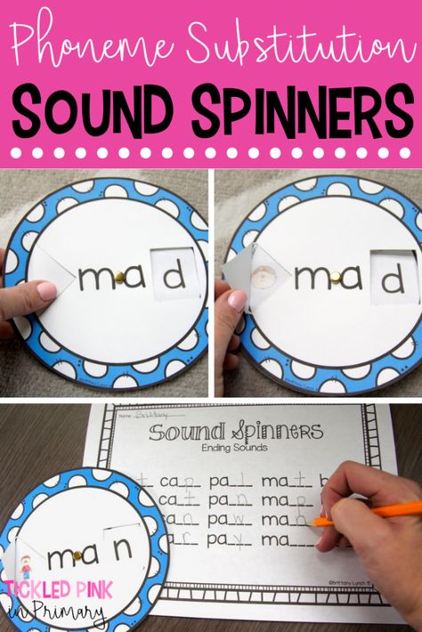 Brittany created a set of spinners that work on substituting the beginning, middle, and ending sounds of words. Students simply spin the wheel to show a new sound. They read the word, then lift the flap to see if the picture matches the word they read. Next, students will spin a new sound to make a new word. Phoneme Substitution Activities, Phonemes Activities, Phoneme Substitution, Ending Sounds, Middle Sounds, Emergent Literacy, Phonemic Awareness Activities, Phonological Awareness, Phonemic Awareness