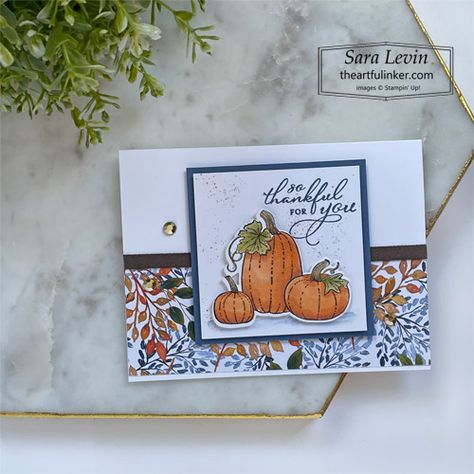 Pretty Pumpkins thank you card for Fall with Beauty of the Earth designer paper with video Sara Levin Stampin Up ideas #prettypumpkinsstampset #prettypumpkinscardideas #thankyoucards #fallcards #cardmakingideas #handmadecards #rubberstamps #cardmaking #stampinup #stamping #saralevin #theartfulinker Stampin Up Pretty Pumpkins Cards, Fall Cards Handmade, Thanksgiving Cards Handmade, Fall Paper Crafts, Fall Greeting Cards, Paper Pumpkin Stampin Up, Autumn Cards, Carte Halloween, Pretty Pumpkins