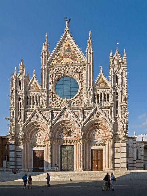 West facade of Siena Cathedral, Italy. This cathedral is true treasure trove of world class art works. Italian Gothic Architecture, Gothic Italian, Cathedral Facade, Italian Gothic, Siena Cathedral, Siena Tuscany, Avignon France, Cathedral Ceilings, Siena Italy