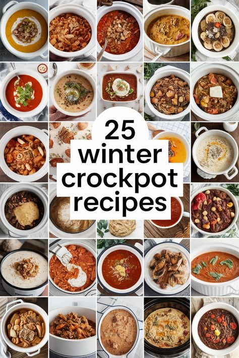 Winter crockpot dinners are the answer to busy weeknights.  Try these 25 recipes that are both easy to prepare and delicious to eat.  Enjoy a variety of flavors and textures, from hearty soups to flavorful roasts.  These winter crockpot meals are perfect for those seeking convenient and satisfying dinners during cold weather. Slow Cooker Winter Recipes, Winter Soups And Stews Cold Weather, Crockpot Dinners Easy, Winter Crockpot Recipes, Winter Crockpot Meals, Cold Weather Dinner, Dinners Easy, Slow Cooked Meat, Crockpot Dinners