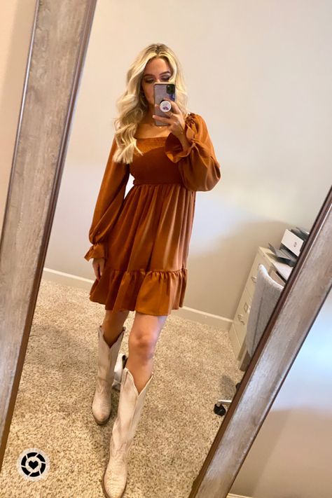 Western Dresses For Church, Burnt Orange Dress Outfit Fall, Western Fall Dresses, Fall Dress For Photoshoot, Boots And Dress Outfit Western, Brown Dress With Boots, Fall Dress And Boots Outfit, Wedding Guest Dress With Cowboy Boots, Fall Country Wedding Guest Outfit