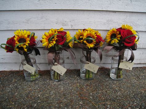 Bridesmaid Bouquets with Roses and Sunflowers | by Designs by Courtney Bridemaid Bouquet, Red Roses And Sunflowers, Sunflower Bridesmaid Bouquet, Roses And Sunflowers, Wedding Flowers Tulips, Wedding Flowers Sunflowers, Sunflowers And Roses, Sunflower Wedding Bouquet, Simple Wedding Flowers