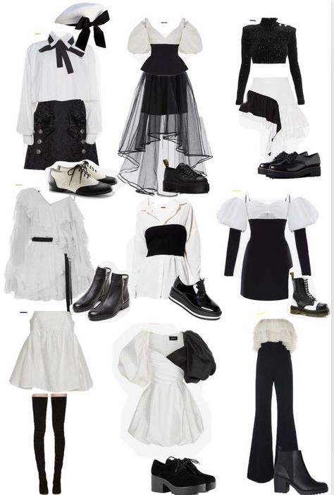 Ootd Konser Kpop, Kpop Idol Outfits Stage, Kpop Group Outfits Ideas, Black And White Outfit Ideas, White Outfit Ideas, Áo Blu, Kpop Stage, Group Outfits, Black And White Outfit