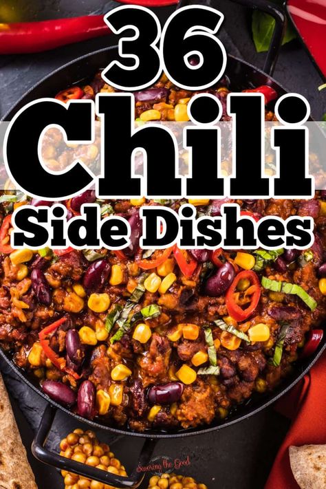 What are the best side dishes to serve with chili dinner? Enjoy our bowl of chili on a chili night accompanied by the perfect side dish found in this list. Chili Salad Bowl, Chili Cook Off Appetizers, Chili Ideas Parties, What Goes With Chili Dinners, Side Dishes With Chili Dinners, Chili Ideas Dinners, Chili And Fritos, Chili Supper Party Ideas, Chili Meal Ideas